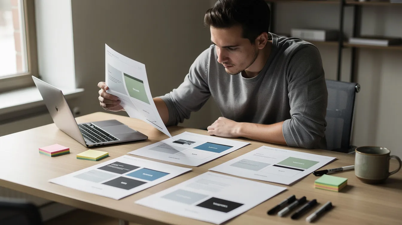 A person is intently reviewing printed design mockups at a well-lit workspace, comparing various options side by side, embodying the critical thinking and human creativity essential in the design process. This scene highlights the importance of human intelligence in collaboration with AI tools to generate ideas and solve design problems effectively.