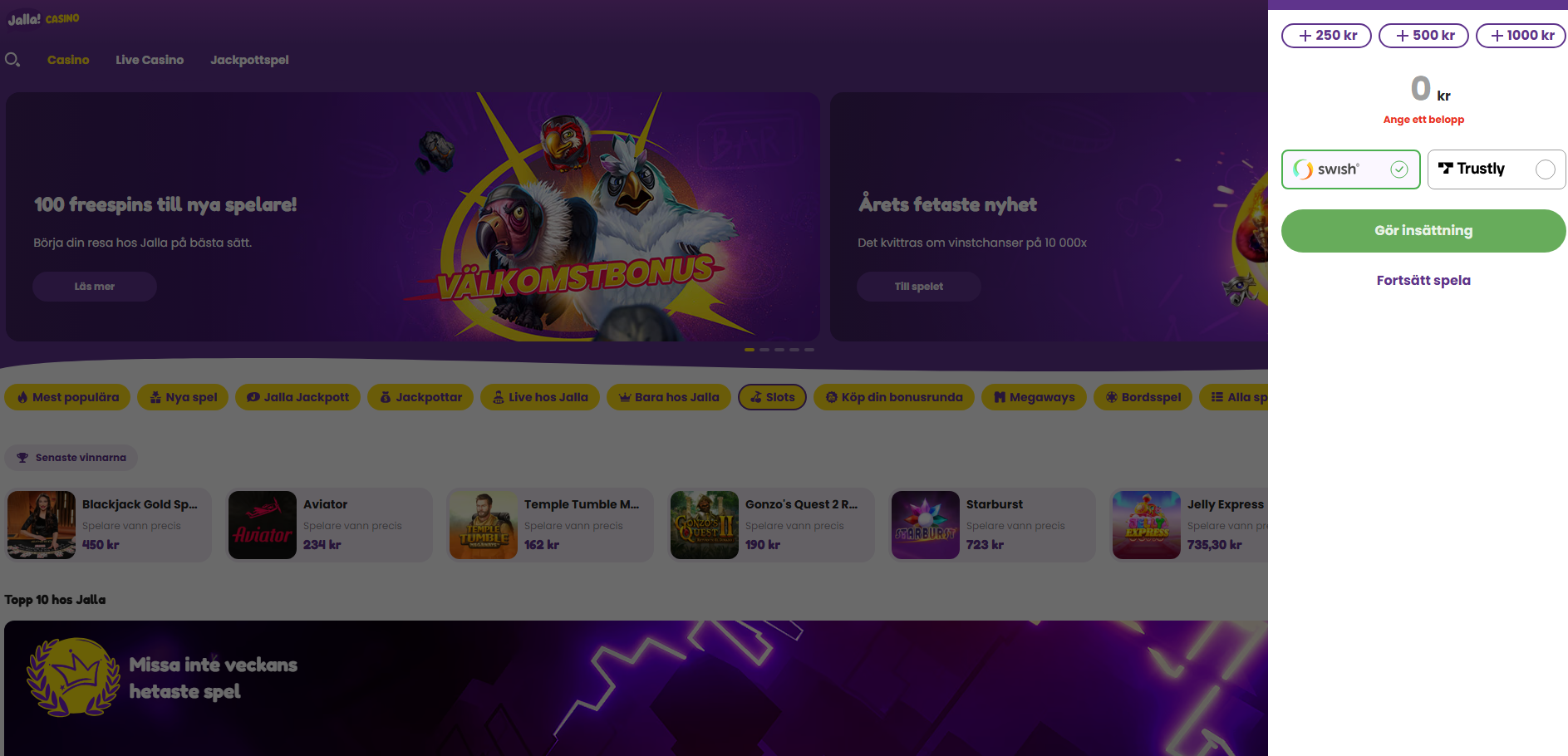 Jalla Casinos startsida med insättningsmeny för Swish och Trustly.