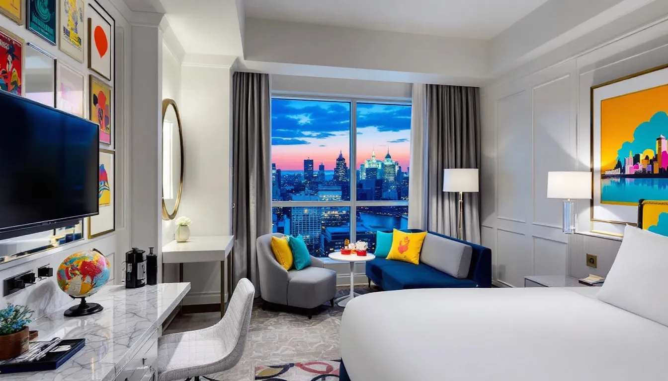 Various hotel room options for a two-person trip to NYC, showcasing different styles and accommodations.