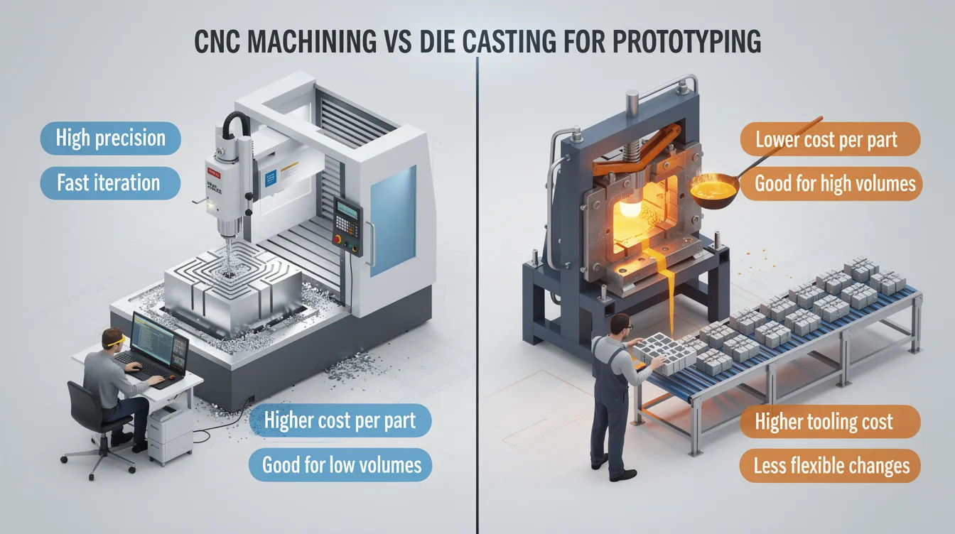The image illustrates the key differences between CNC machining and die casting for prototyping, showcasing CNC machined parts and die cast parts side by side. It highlights the advantages and disadvantages of each manufacturing process, emphasizing aspects like tight tolerances, production speed, and the ability to create complex shapes with high precision.