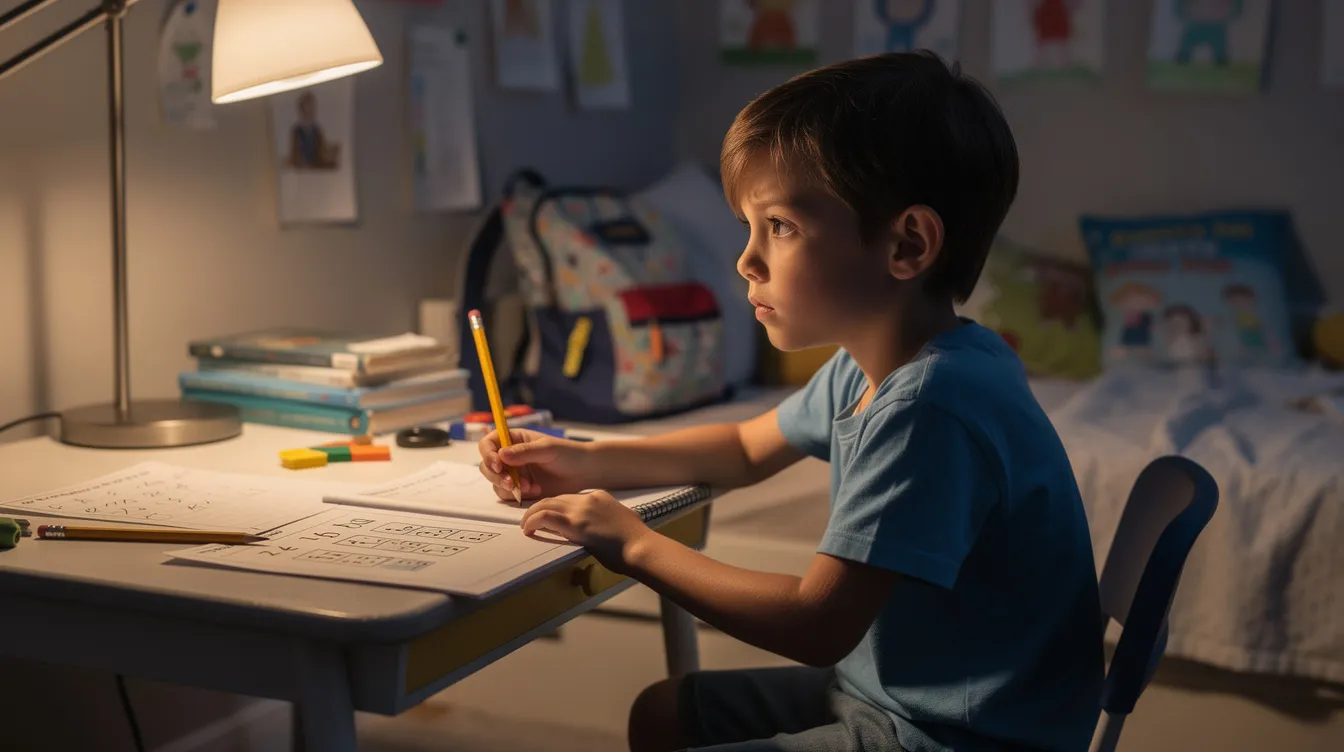A child sits at a homework desk, looking away from their worksheets while loosely holding a pencil in one hand, illustrating the challenges many children face in sustaining attention during academic tasks. This scene reflects the importance of supporting early childhood development and self-regulation skills, as many parents seek strategies to help their child manage distractions and improve focus.