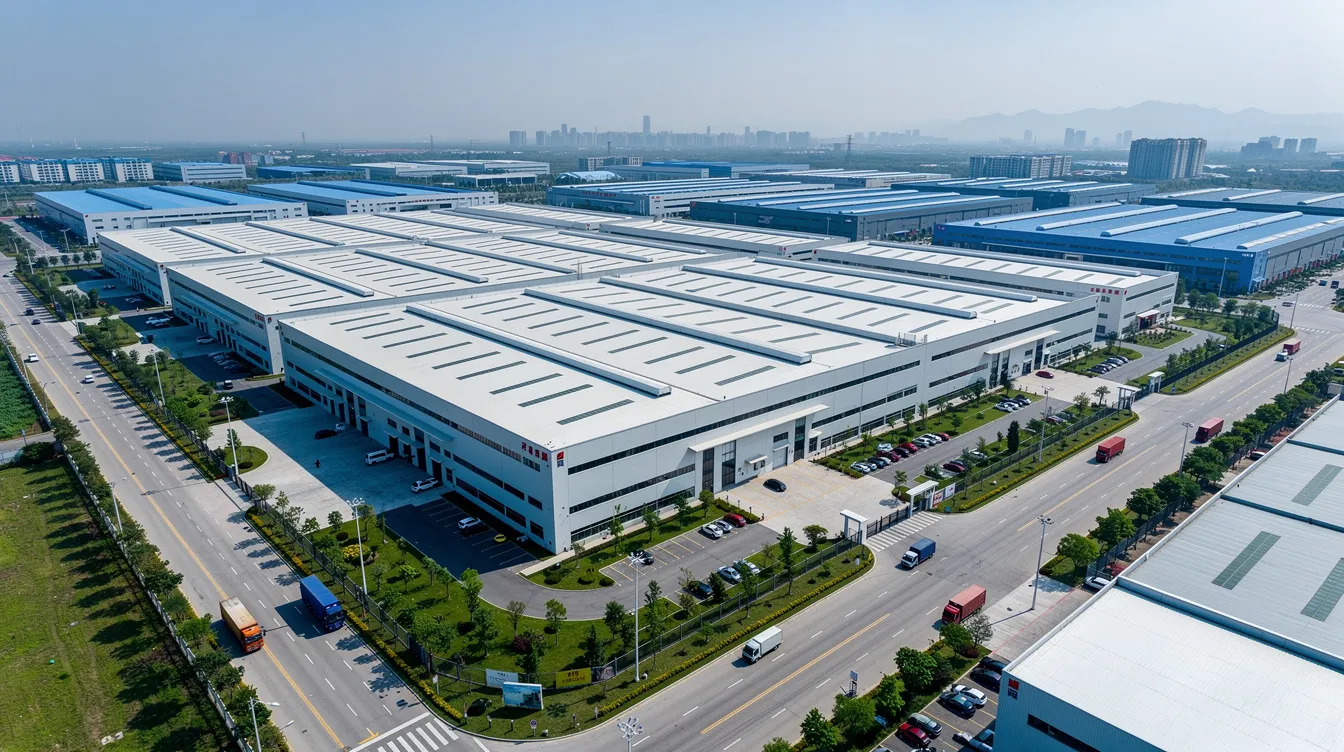 An aerial view showcases a modern manufacturing facility in a Chinese industrial zone, featuring multiple production buildings nestled among greenery. The site is equipped with advanced CNC machines and machining centers, indicative of the high precision and quality associated with leading CNC machining manufacturers in China.