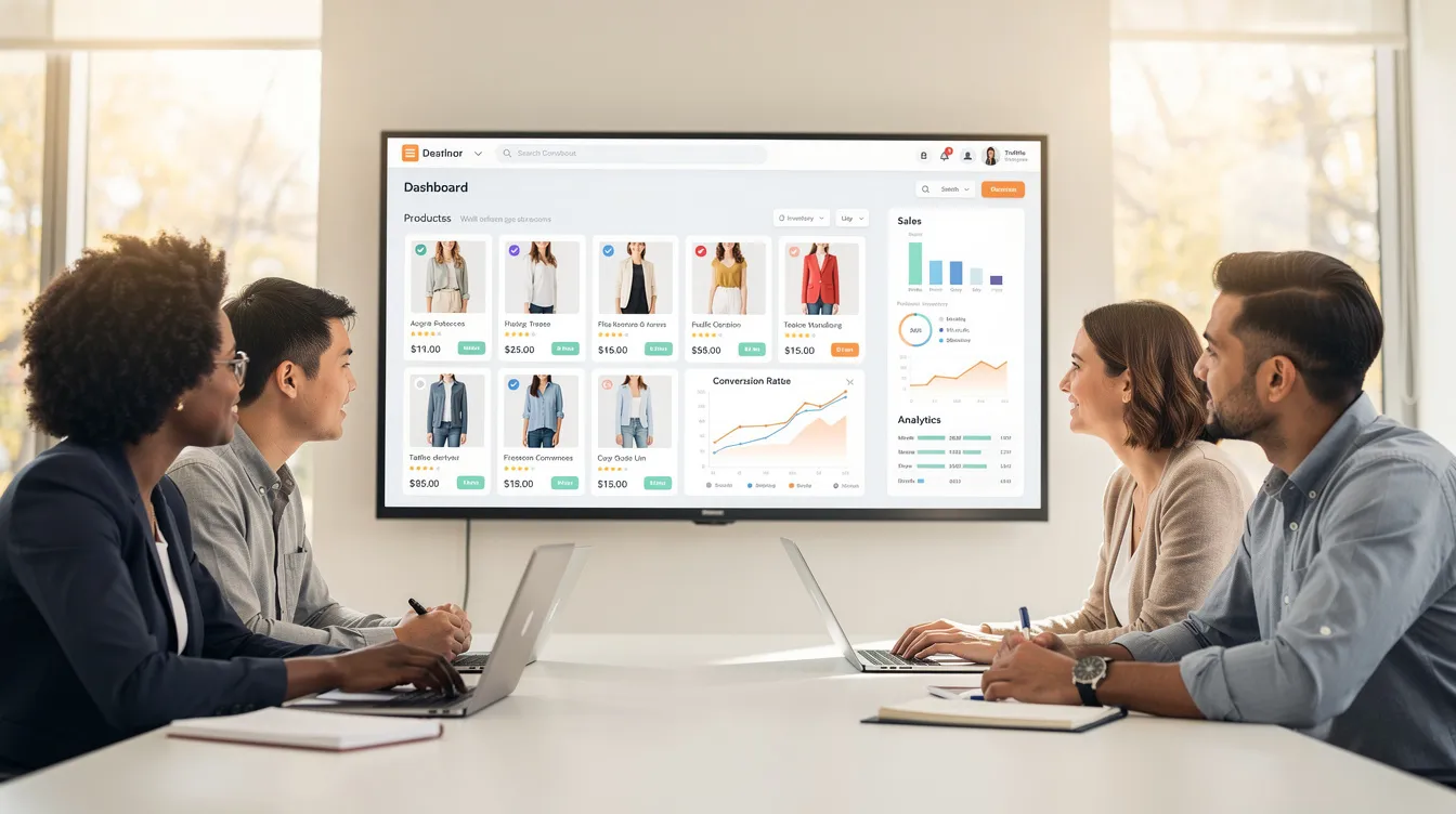 A diverse team is collaborating around a large monitor that displays an online store dashboard featuring product listings and analytics, showcasing their work in ecommerce development services. The scene emphasizes teamwork and innovative solutions in the realm of ecommerce web development.