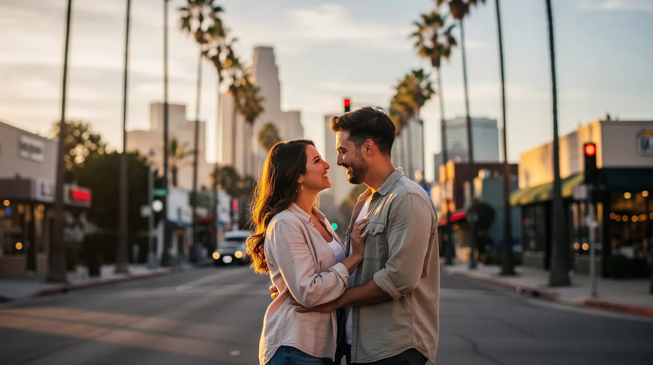 A couple enjoys a romantic evening on their first date in Los Angeles, surrounded by the vibrant atmosphere of Santa Monica. They share laughter and conversation, connecting as they explore the fun and exciting world of LA singles.