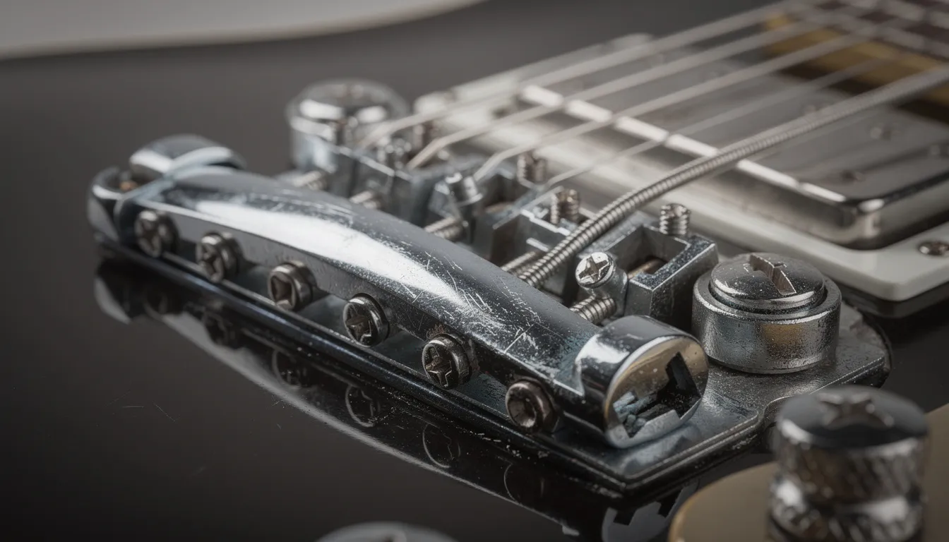 Die Nahaufnahme zeigt eine E-Gitarren-Brücke mit Saitenreitern und einem Tremolo-System, das für optimale Spielbarkeit und Klangqualität sorgt. Die Details des Holzes und der Oberflächen reflektieren die Pflege und den Wert dieses Instruments, das für Gitarristen von großer Bedeutung ist.