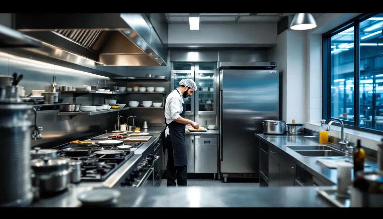 In a bustling restaurant kitchen, chefs are actively preparing food while adhering to strict food safety protocols to prevent contamination and ensure public health. The workspace is equipped with various kitchen equipment and displays signs of potential hazards, such as knife injuries and chemical contaminants, emphasizing the importance of effective food safety management systems.