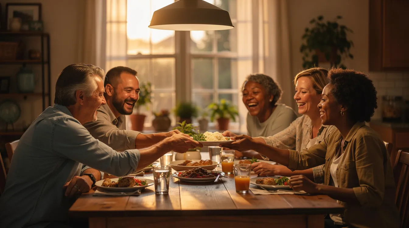 A warm and inviting scene of a family enjoying a meal together at a dining table, with natural expressions that convey connection and communication, highlighting the importance of quality time in parenting teenagers. The image captures a teenage boy and girl engaging with their parents, emphasizing the role of family in navigating the teen years and fostering healthy relationships.