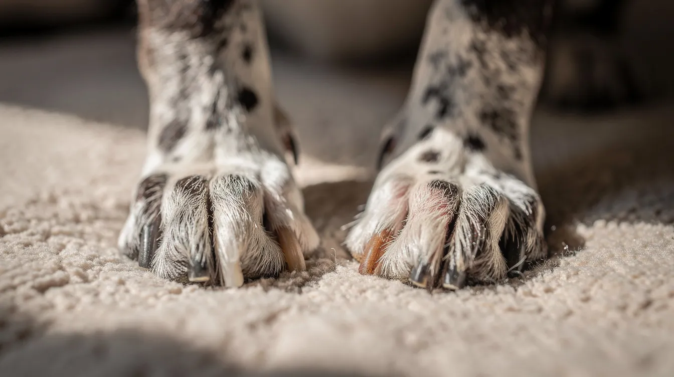 The image shows a close-up of a senior dog's paws and legs resting comfortably on a soft surface, highlighting the dog's overall health and well-being. This serene moment reflects the importance of a balanced diet, including essential nutrients like vitamin C, which can support joint health and bolster the immune system in dogs.