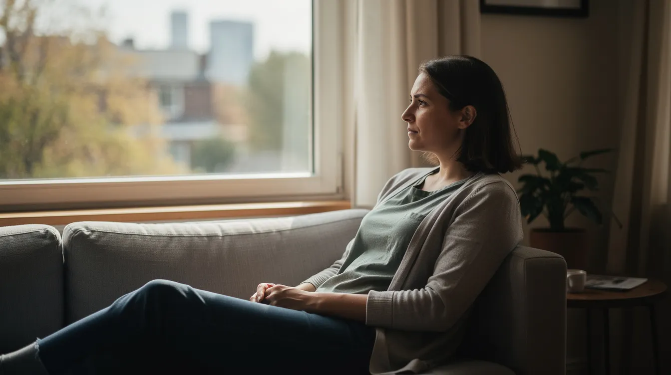 Een persoon zit rustig op een bank bij een raam en kijkt nadenkend naar buiten, terwijl ze reflecteren op hun vriendschappen en de emotionele connecties die ze hebben, mogelijk in de context van een friends with benefits relatie. De omgeving is sereen en nodigt uit tot diepe gesprekken over gevoelens en verwachtingen in relaties.