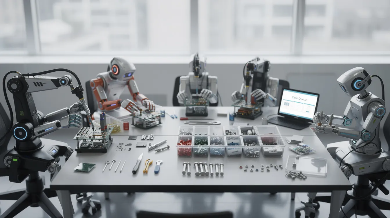 The image depicts multiple small robots, each engaged in different tasks at a shared table, showcasing a collaborative environment typical of a multi-agent system. These autonomous AI agents work together, demonstrating task decomposition and multi-agent collaboration in action.
