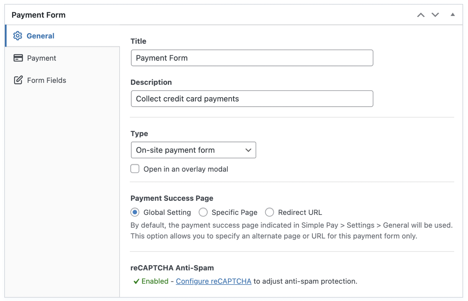 General settings of your payment form. /Source: wpsimplepay.com