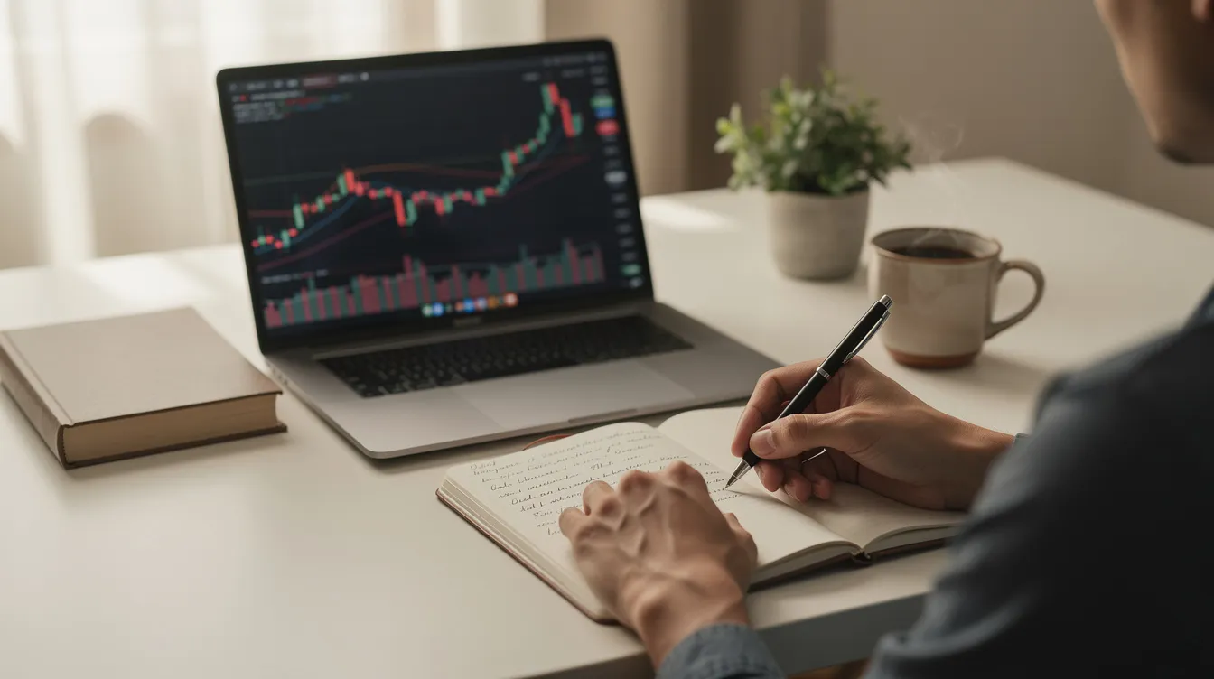 A person is writing in a journal at a calm and organized desk, with a laptop displaying a trading chart in the background, illustrating the tools and strategies used by day traders. This serene setting hints at the importance of emotional control and risk management in day trading, particularly for beginners looking to navigate the complexities of the financial markets.