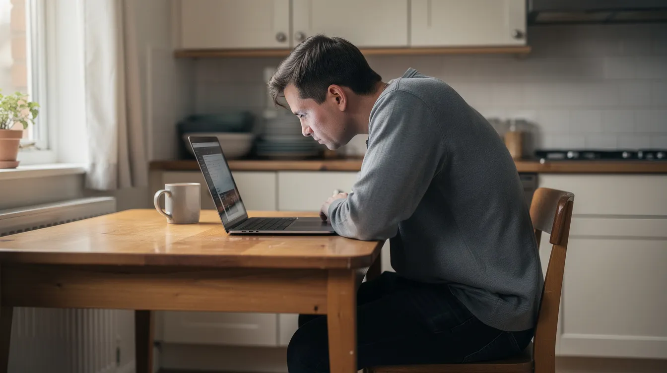 A person is hunched over a laptop at a kitchen table, exhibiting poor posture with a forward head position and rounded shoulders, which can lead to neck pain and discomfort. Maintaining proper alignment and good posture is essential for overall health, especially for those engaged in prolonged computer work.