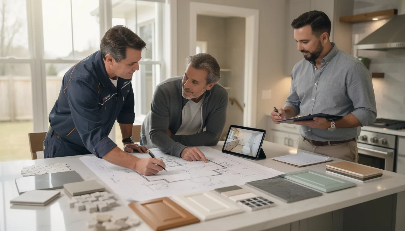 A bathroom renovation professional is consulting with a homeowner, discussing design plans and taking measurements for a new bathroom. The scene highlights the initial design consultation process, showcasing the expert team's attention to detail and commitment to quality workmanship in complete bathroom renovations.