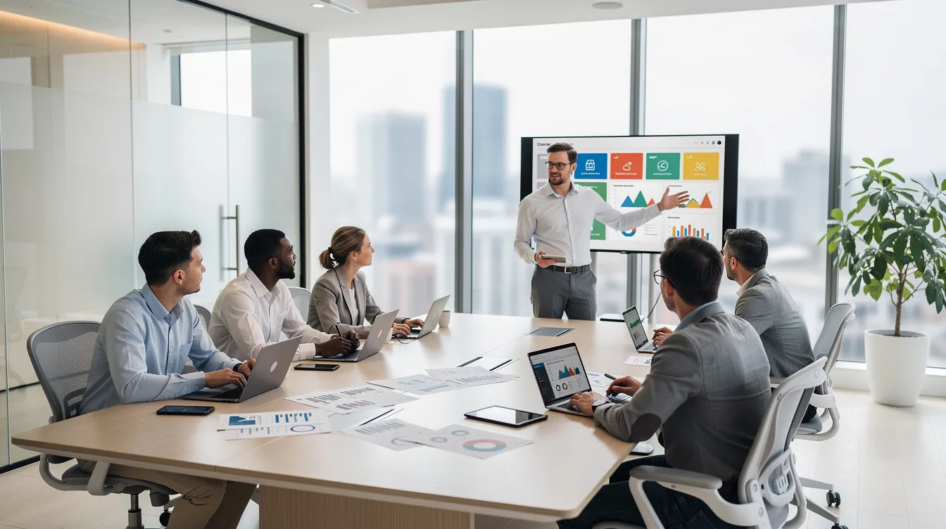 The image depicts a professional team collaborating in a modern office meeting room, discussing strategies to enhance employee retention credits and tax refunds for small businesses. The atmosphere reflects teamwork and innovation, highlighting the importance of effective business operations during economic challenges.