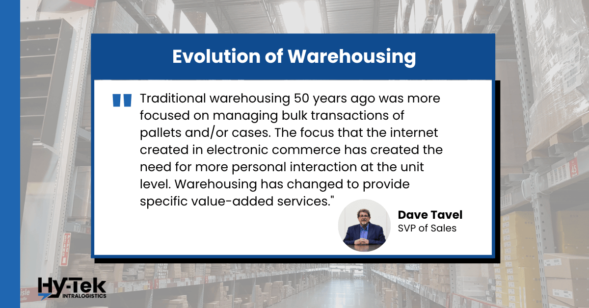 Evolution of Warehousing: Traditional warehousing 50 years ago was focused on managing bulk transactions of pallets or cases. eCommerce has created the need for more personal interaction at the unit level. Warehousing has changed to provide specific value-added services.