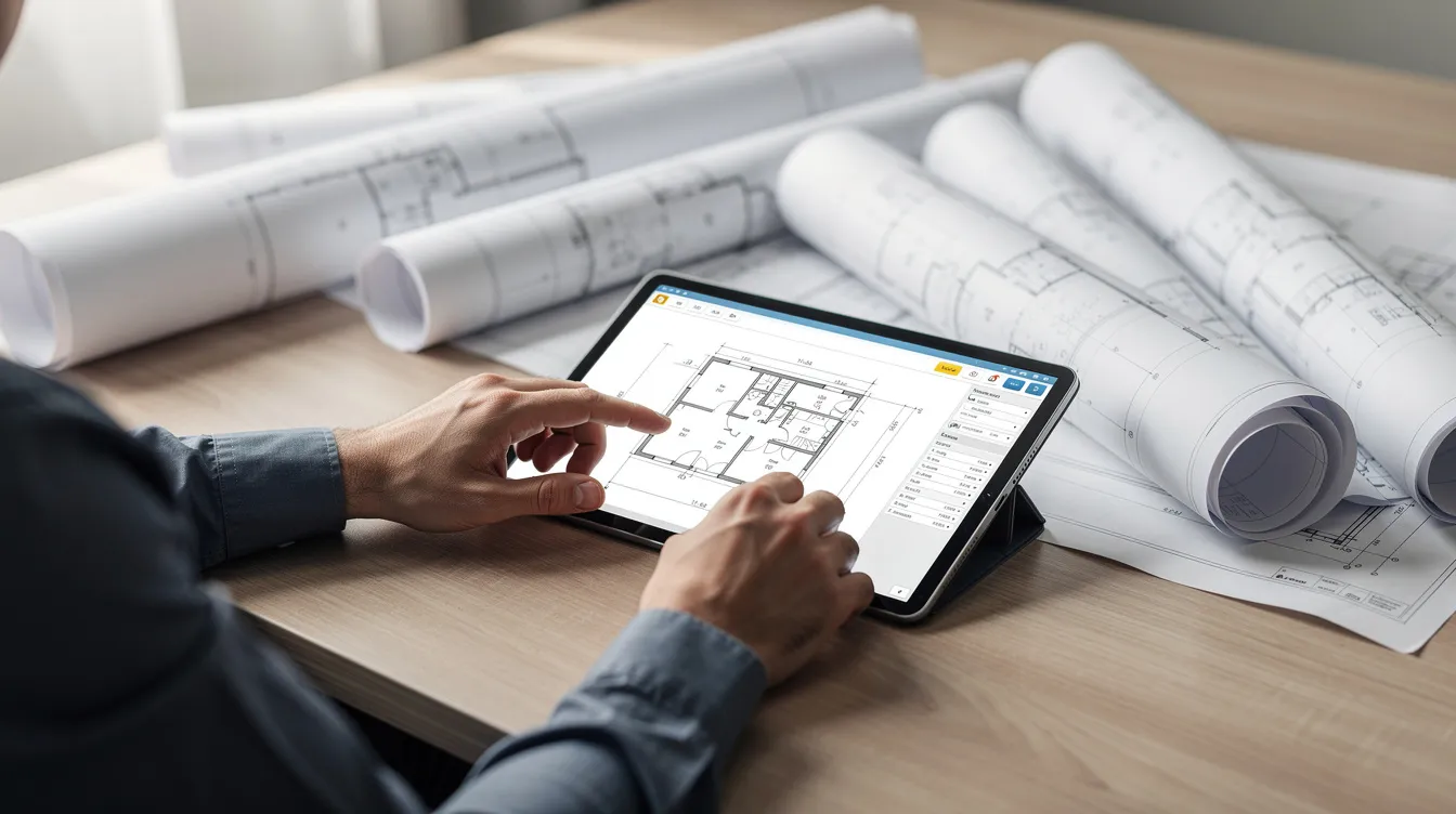 A person is seated at a desk, reviewing digital construction plans on a tablet while surrounded by blueprints. This scene highlights the importance of informed decision-making in construction projects, emphasizing the need for accurate estimates and efficient management to enhance project profitability and control costs.