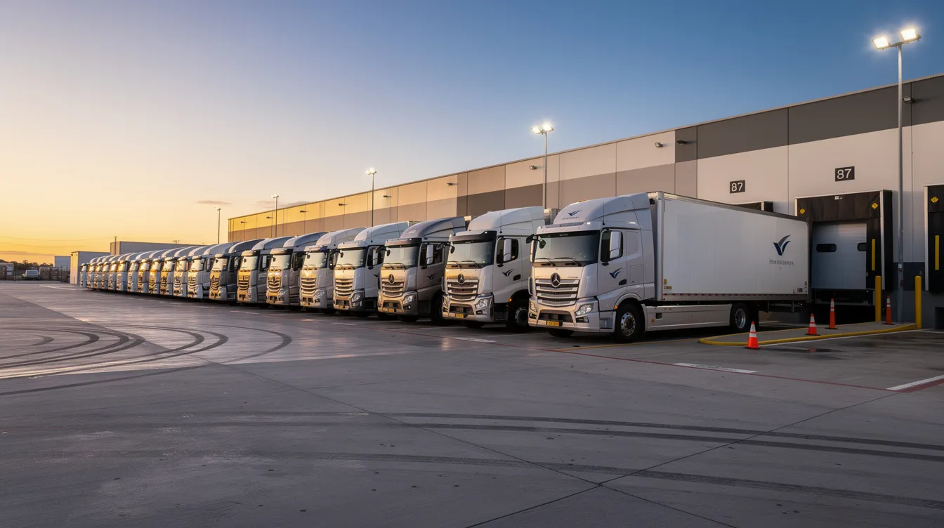 Fleet Telematics Services:: A fleet of commercial trucks is parked in a neat row at a distribution terminal, showcasing the organized fleet operations essential for efficient logistics management. 