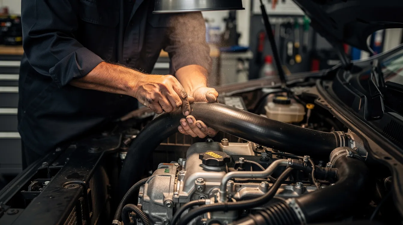 A mechanic is inspecting the radiator hoses of a vehicle engine, checking for signs of coolant leaks and ensuring proper coolant flow in the car's cooling system. This visual inspection is crucial for diagnosing potential issues related to a faulty thermostat, which can lead to engine overheating and poor fuel efficiency.