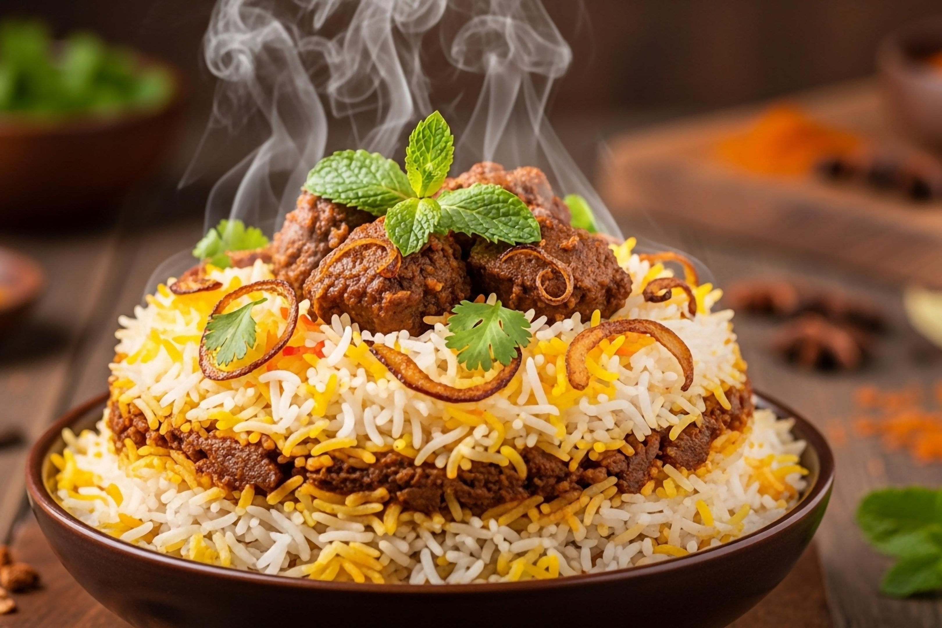  A steaming bowl of aromatic biryani is presented with colorful layers of long-grain basmati rice and tender pieces of meat, topped with crispy fried onions and fresh mint leaves. The dish is set against a warm, rustic background, with visible wisps of steam suggesting it has just been served fresh and hot.