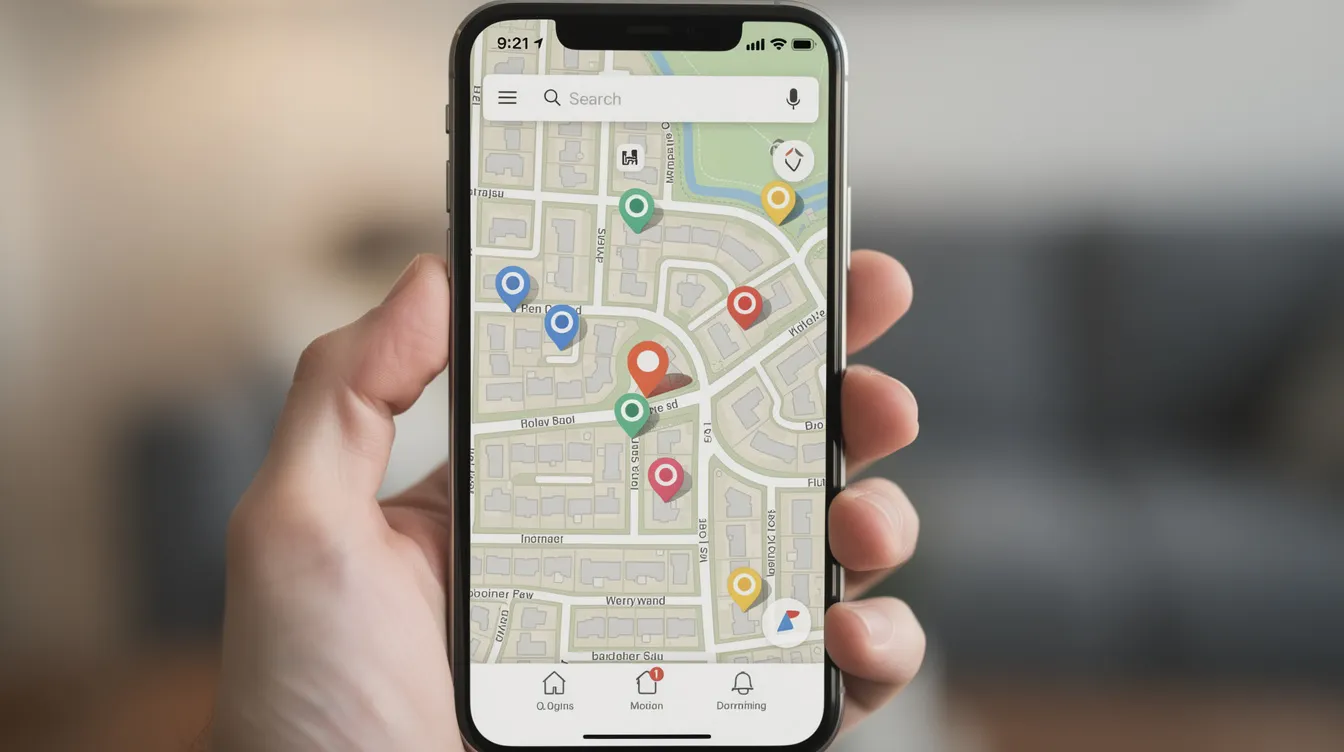 A close-up view of a smartphone screen displays a map application featuring various location pins scattered throughout a residential neighborhood, indicating potential service areas for hvac companies. This visual emphasizes the importance of local search optimization and effective hvac marketing strategies for attracting potential customers.