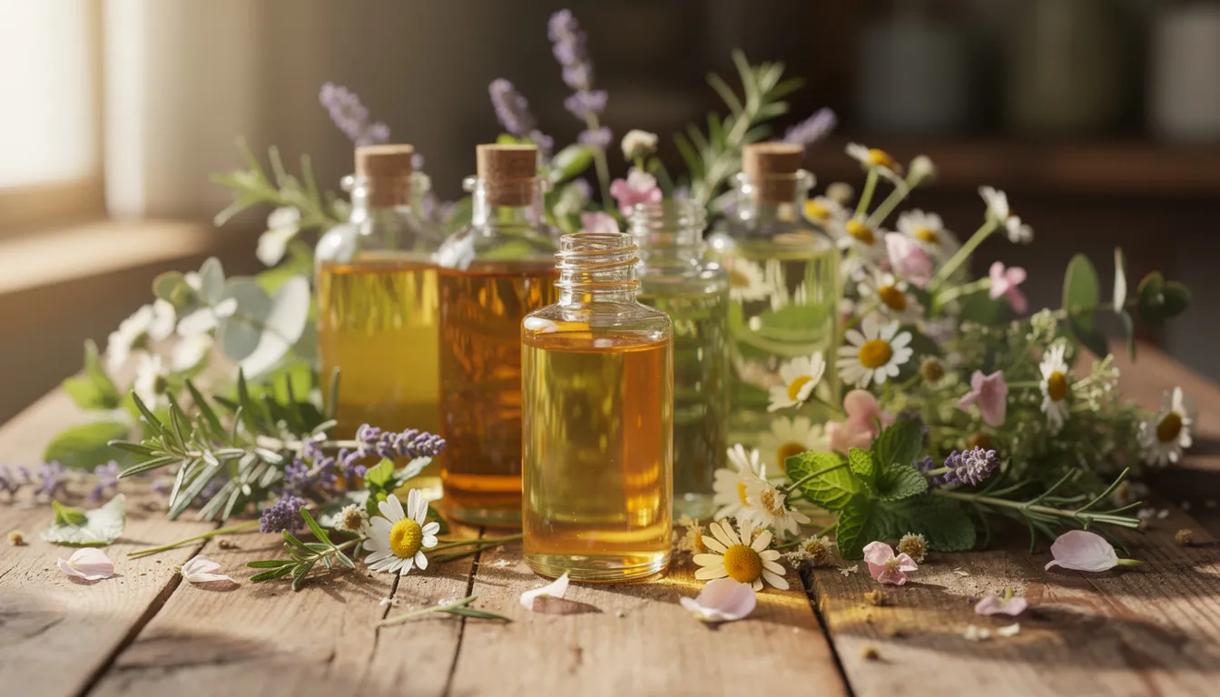 The image features glass bottles filled with botanical oils, elegantly arranged among fresh herbs and colorful flowers on a rustic wooden surface. This natural skincare display highlights the essence of organic ingredients, perfect for nourishing delicate skin and enhancing its natural glow.