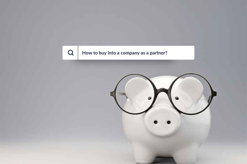 Search bar asking 'How to buy into a company as a partner?' above a piggy bank wearing glasses, symbolizing financial wisdom in business partnerships