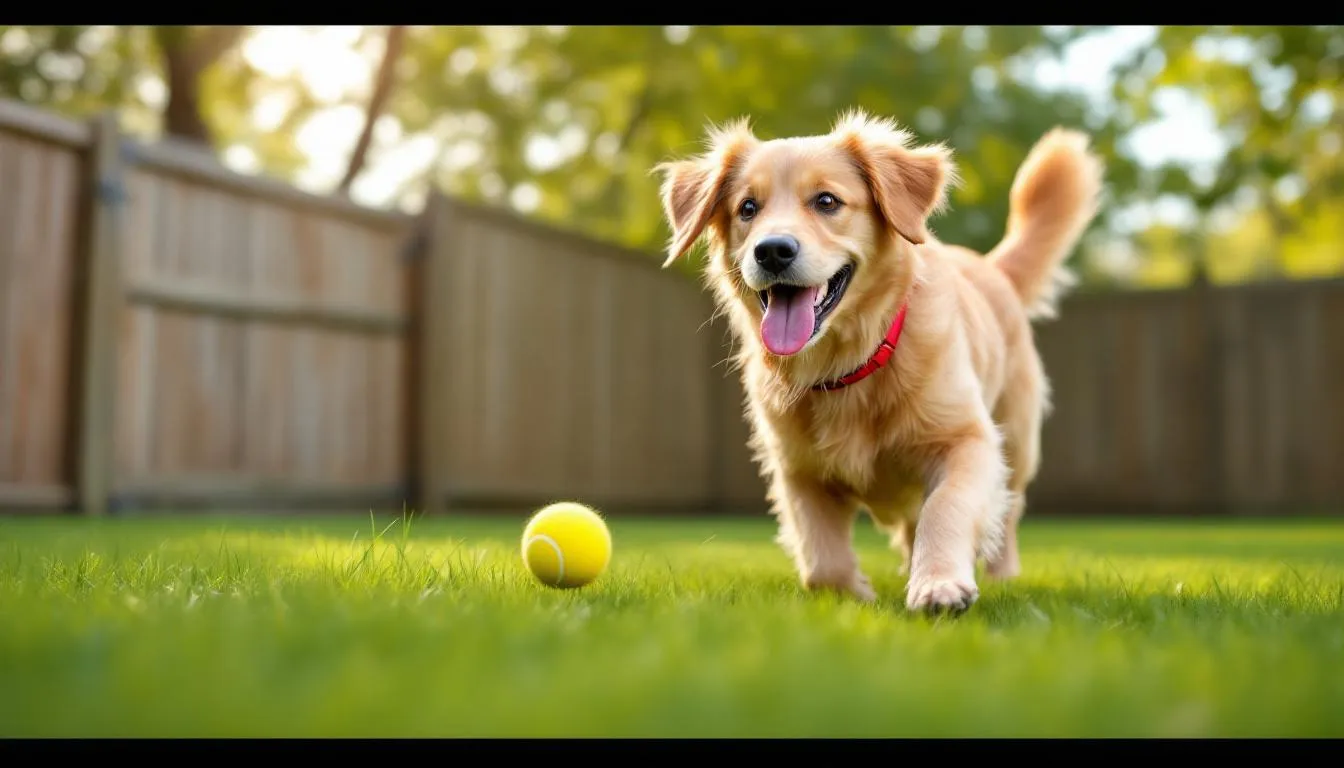 A happy blind dog, possibly a Labrador Retriever, is joyfully playing fetch in a safely enclosed yard, relying on its other senses to navigate and enjoy the game despite its condition of progressive retinal atrophy. The dog