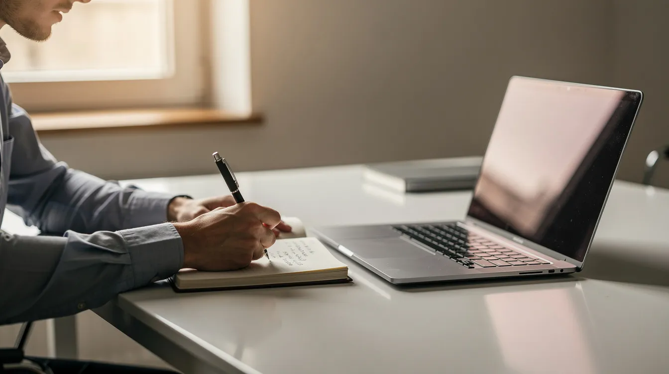 Een ondernemer zit aan een bureau met een laptop en maakt aantekeningen in een notitieboek. Hij analyseert strategische beslissingen en overweegt zowel interne als externe factoren voor een goede SWOT-analyse van zijn bedrijf.