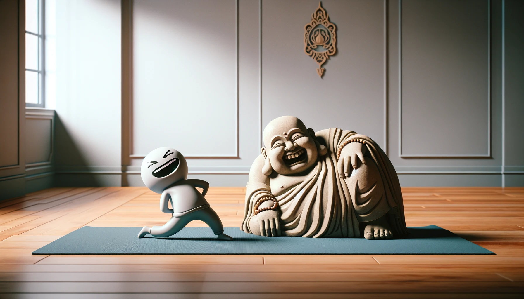 a yoga mat with a laughing Buddha and a cartoon character in a comic yoga pose