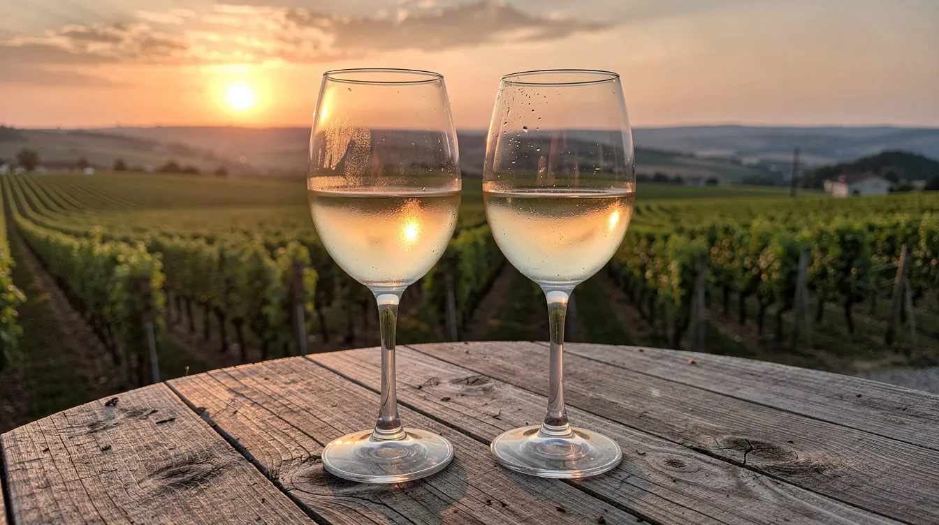 Two elegant glasses of pale white wine sit on a rustic wooden table, with lush vineyard rows stretching into the distance beneath a warm sunset sky. This serene setting evokes a perfect pairing for spicy dishes or sweet and sour chicken, highlighting the wine's bright fruit flavors and mouthwatering acidity.