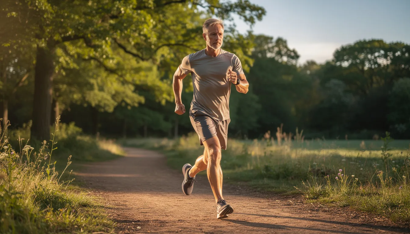 A middle-aged person is exercising outdoors in a natural setting, surrounded by greenery and sunlight, promoting healthy aging and cellular energy production. This scene reflects the importance of physical activity in conjunction with dietary supplements like NMN and NR for overall health benefits.
