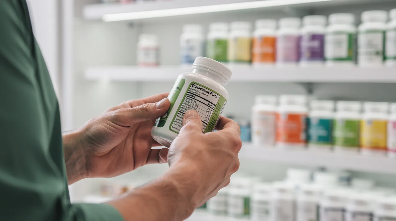A person is intently reading the labels on various wellness supplement bottles at a store counter, likely assessing the ingredients and legal status of hemp-derived products, including those related to Utah's medical cannabis program. The scene highlights the importance of understanding the legal distinctions and compliance regarding medical cannabis and THCA legal status in Utah.