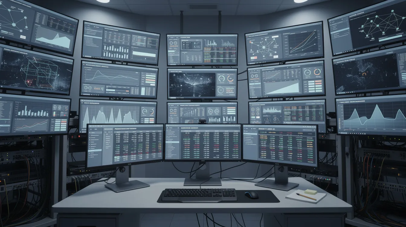 The image depicts an industrial monitoring room filled with multiple screens showcasing data streams and analytics dashboards, highlighting the integration of AI systems for operational efficiency. This setup reflects the use of predictive analytics and machine learning to analyze enterprise data and provide actionable insights for improved decision-making.