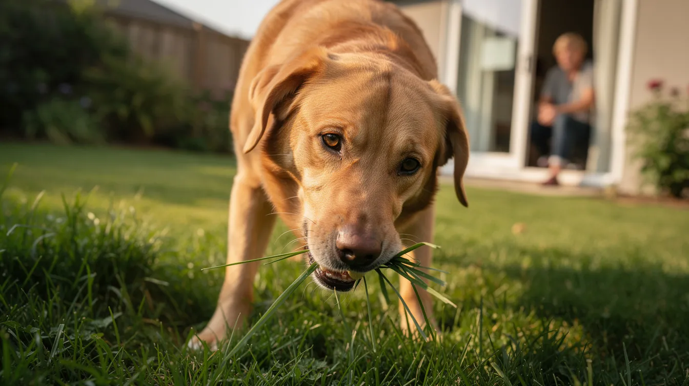 The image depicts a curious dog nibbling on a patch of grass in a lush green yard, highlighting the common behavior of dogs eating grass. This scene reflects the natural instincts of many dogs, as they explore their environment and occasionally munch on plant material.