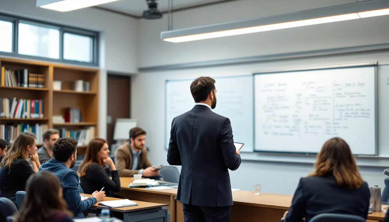 Un gruppo di studenti di giurisprudenza è seduto in aula durante una lezione magistrale, concentrato su un argomento di diritto civile. L'atmosfera è di studio intenso, con libri e appunti sparsi sui banchi, riflettendo le difficoltà e le sfide della facoltà più difficile dell'università.
