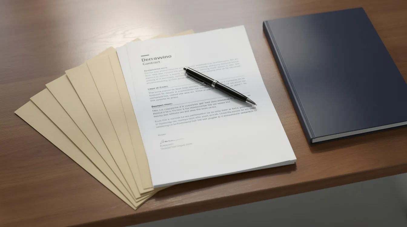 The image depicts a wooden desk neatly organized with legal documents and folders, accompanied by a pen, suggesting a professional setting focused on immigration law, possibly related to the EB 1 visa and evidence of outstanding achievements. The arrangement conveys a sense of order and readiness for important tasks, such as preparing documentation for an alien worker petition or scholarly research contributions.