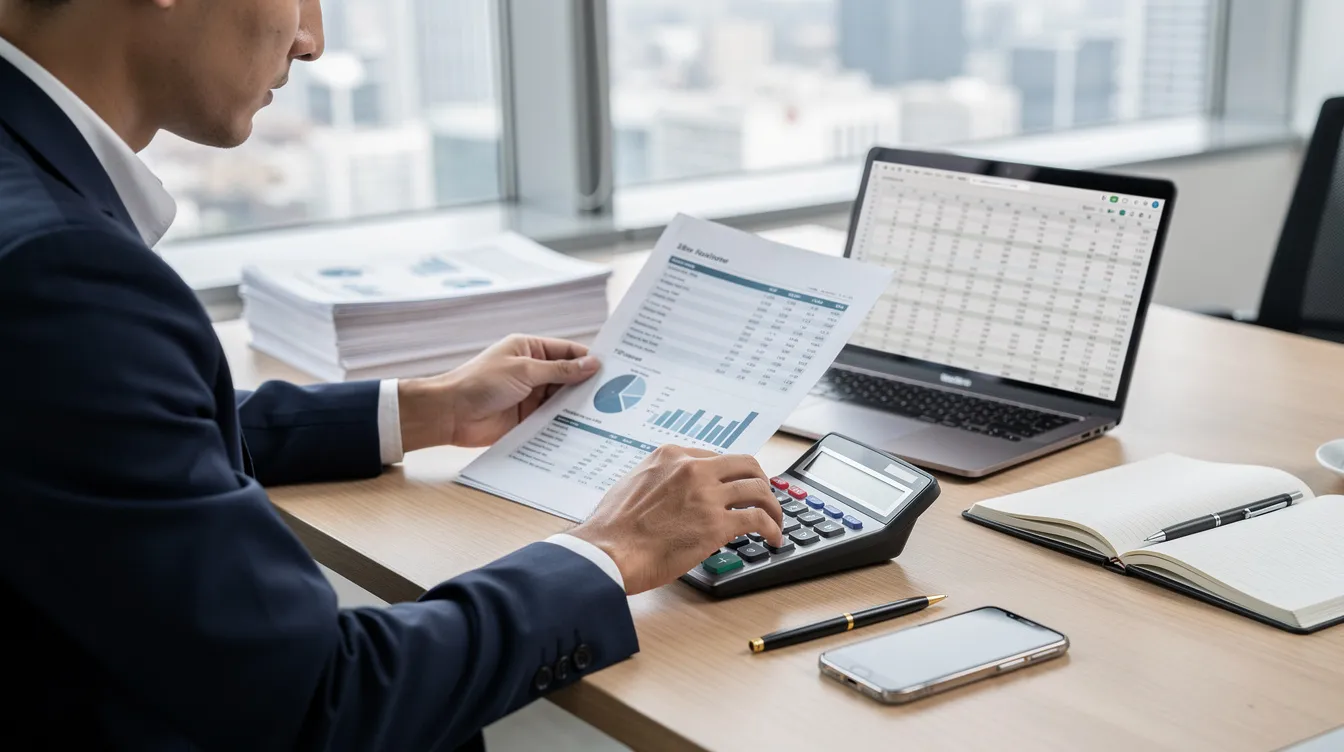 The image depicts a professional seated at a desk, carefully reviewing financial documents and using a calculator, emphasizing the importance of financial assistance for small and micro businesses. This scene reflects the meticulous evaluation process often required by banks and financial institutions when considering loan applications under schemes like the Pradhan Mantri Mudra Yojana.