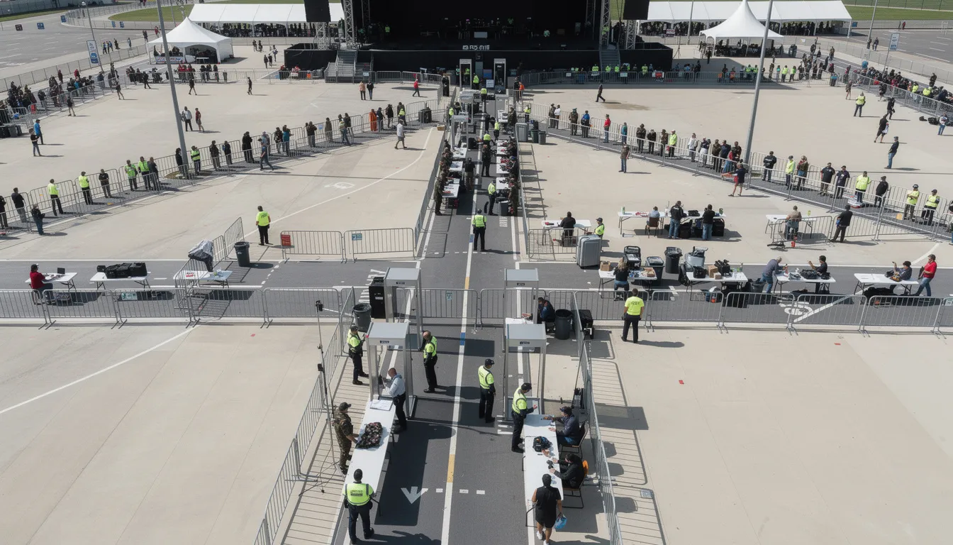 An aerial view of a large outdoor event venue shows numerous crowd barriers and security checkpoints, highlighting the importance of event security services in ensuring a safe environment for attendees. The layout illustrates effective crowd management and access control measures, essential for successful public events.