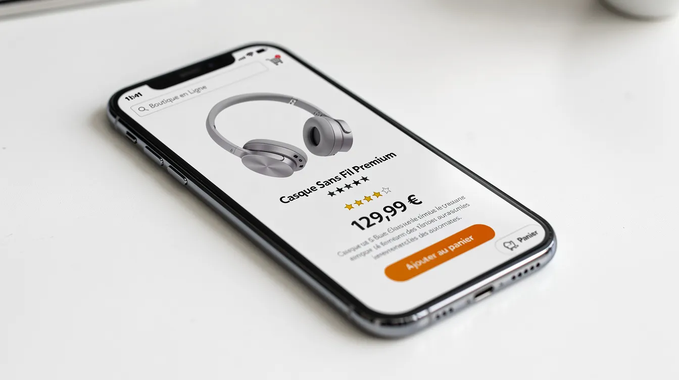 Un smartphone affiche la page produit d'une boutique en ligne.