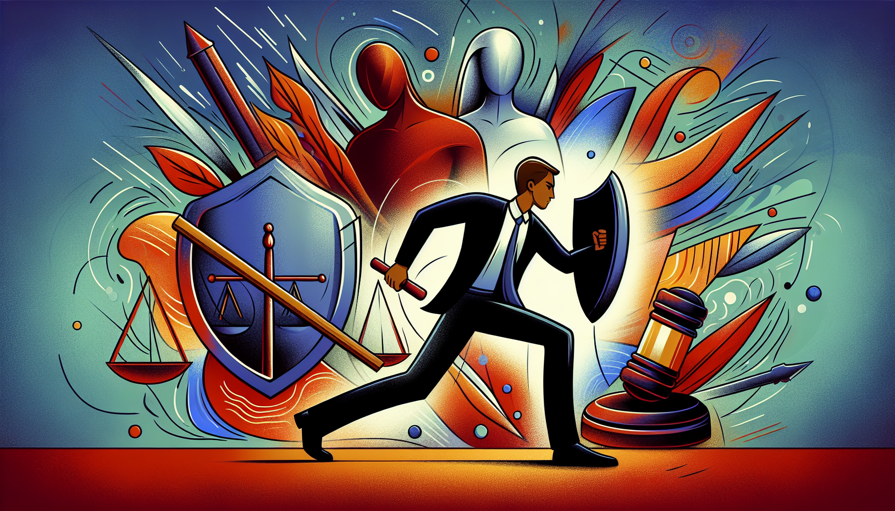 An illustration depicting common defenses against aggravated assault charges, including self-defense.