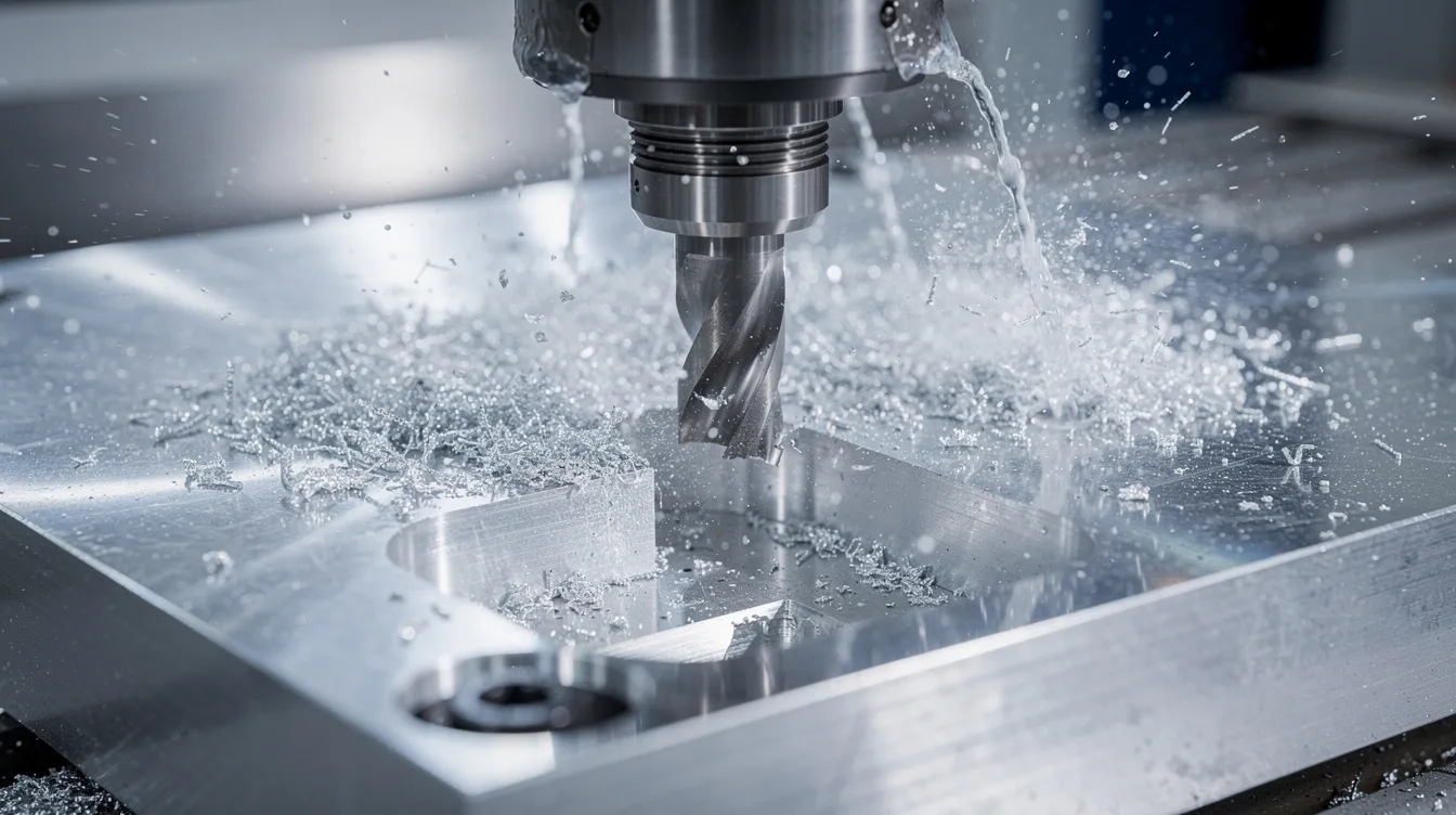 A close-up view of a high-speed CNC milling spindle actively cutting into an aluminum workpiece, with a stream of coolant flowing to maintain temperature and enhance precision during the machining process. This image showcases the intricate details of CNC machining capabilities and the importance of achieving tight tolerances in manufacturing.