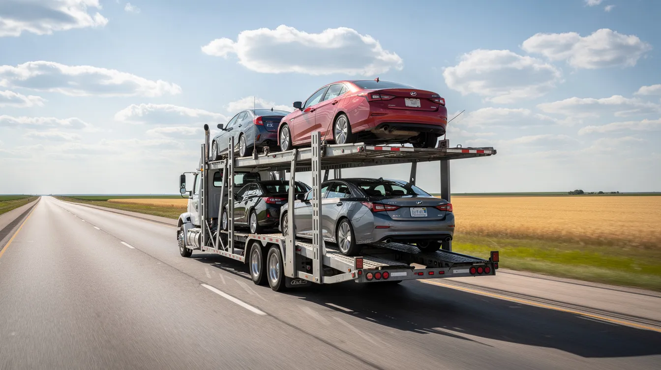 An open car carrier truck is driving along a flat Kansas highway, with expansive fields stretching out in the background. This image represents the auto transport services available in Kansas, showcasing the efficiency of car shipping companies as they transport vehicles safely across the state.