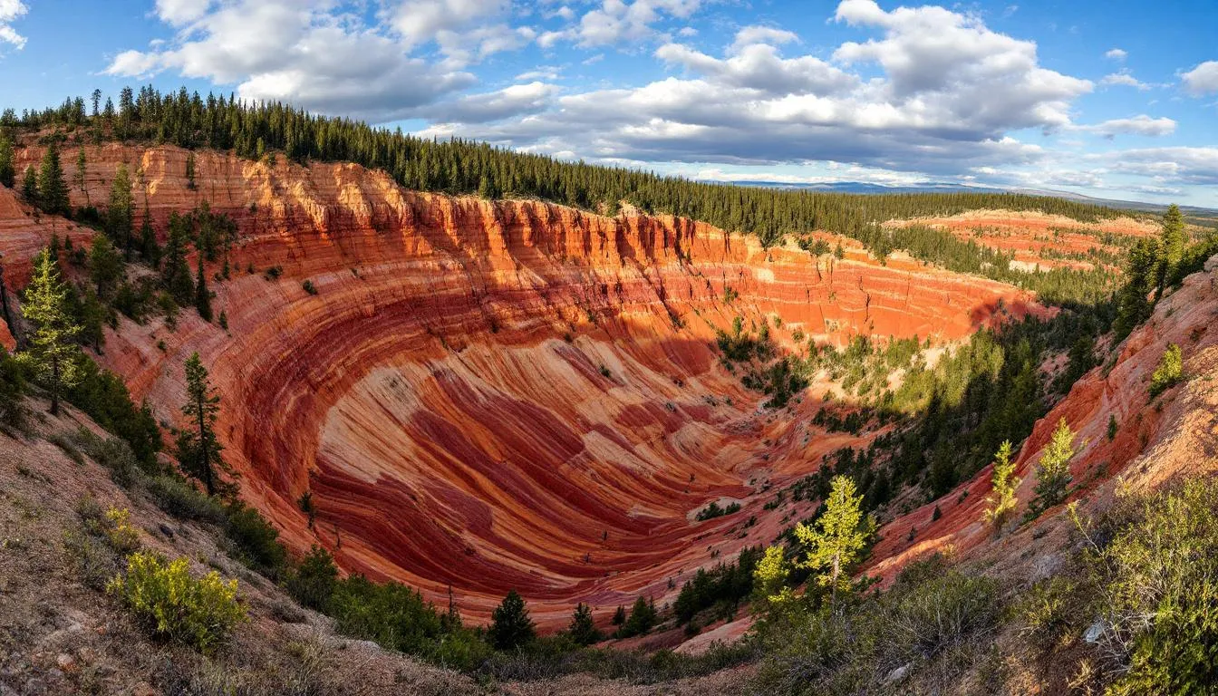 A panoramic view of Cedar Breaks National Monument showcases the vibrant, multicolored rock formations of the amphitheater surrounded by lush forests, highlighting the natural beauty of this stunning location in Utah. The image captures the essence of this national monument, a perfect backdrop for visitors exploring nearby attractions like the Brian Head Ski Resort and Cedar Breaks Lodge.