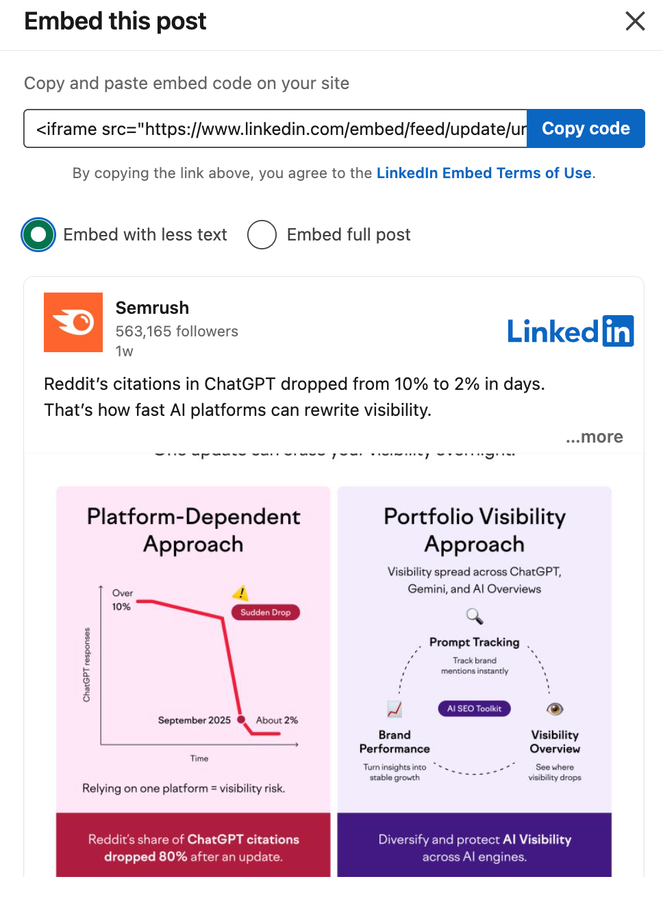 Step 4 of embedding a LinkedIn post on a website natively