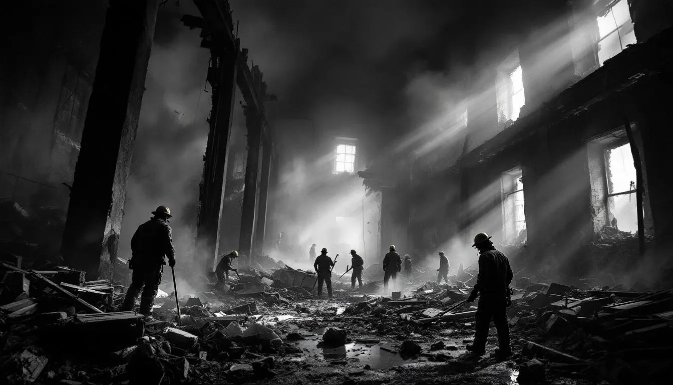 An overview of the fire damage restoration process, showing various stages.