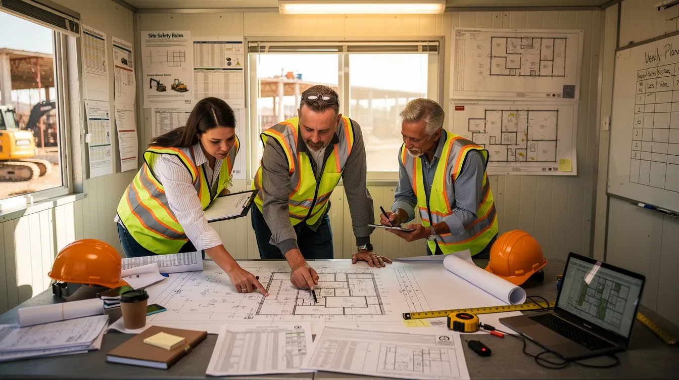 A small team of construction professionals is gathered around a table in a job trailer, reviewing plans and documents related to their construction project. They are focused on accurate cost estimation and project management to ensure project success and efficient resource allocation.