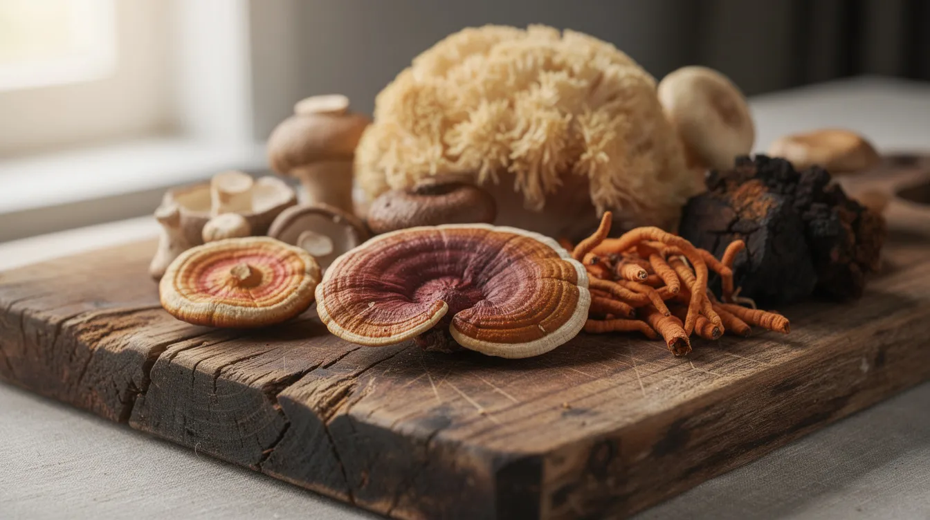 A close-up photograph showcases a variety of colorful medicinal mushrooms, including reishi and shiitake, beautifully arranged on a rustic wooden cutting board. These mushrooms are known for their skincare benefits, such as promoting skin elasticity and improving overall skin health through their antioxidant and anti-inflammatory properties.