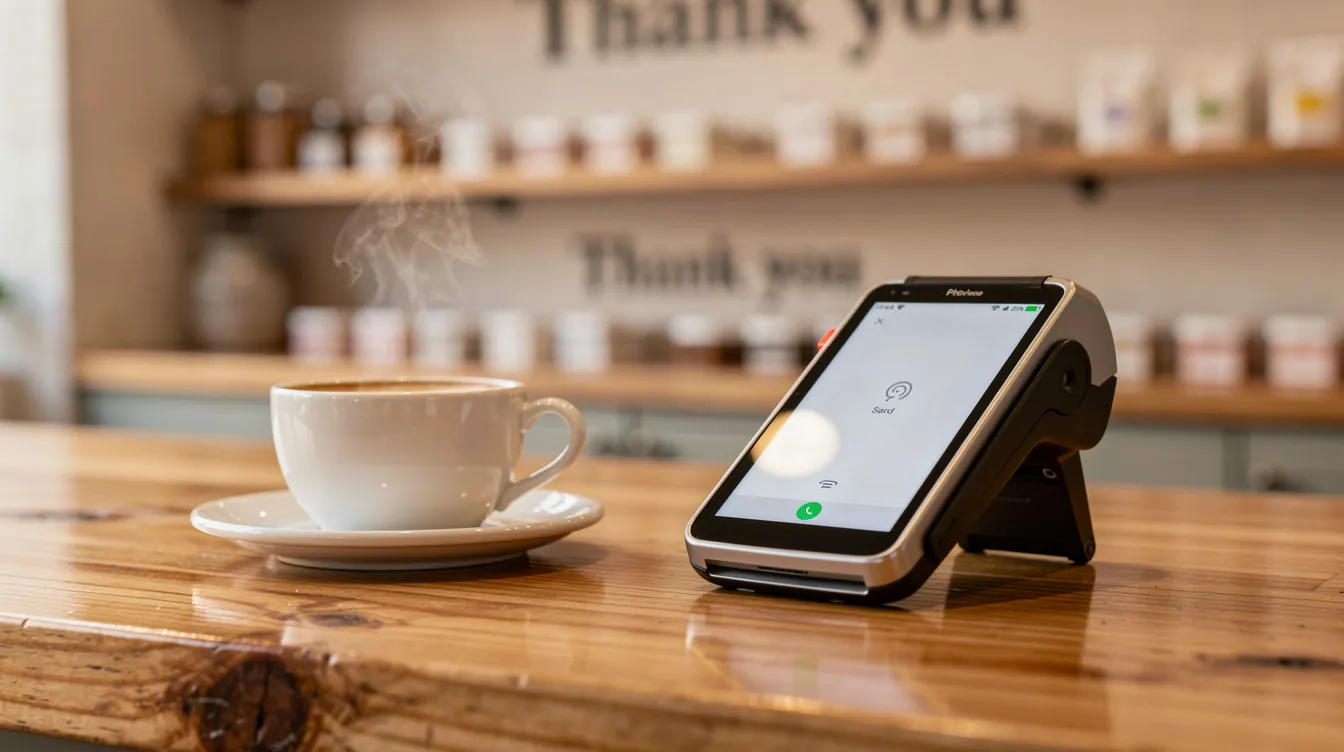 The image shows a small retail shop counter featuring a modern card terminal positioned next to a coffee cup, illustrating a convenient point of sale for accepting card payments. This setup is ideal for small businesses looking to streamline their payment processing solutions and enhance customer experience.