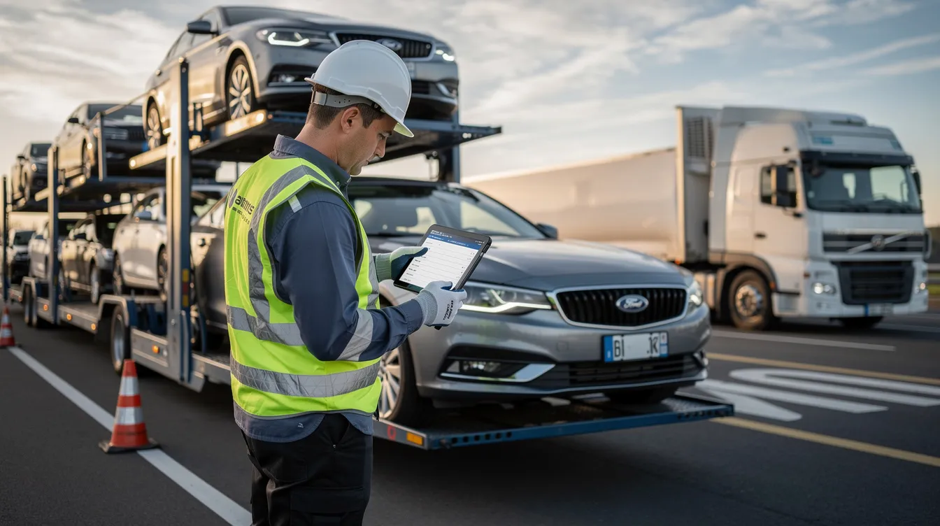 A professional automotive transport specialist is carefully inspecting a vehicle's condition before loading it onto a transport carrier, ensuring it meets the standards set by reliable car shipping companies. This process is crucial for maintaining the quality of the vehicle during the car transport services.